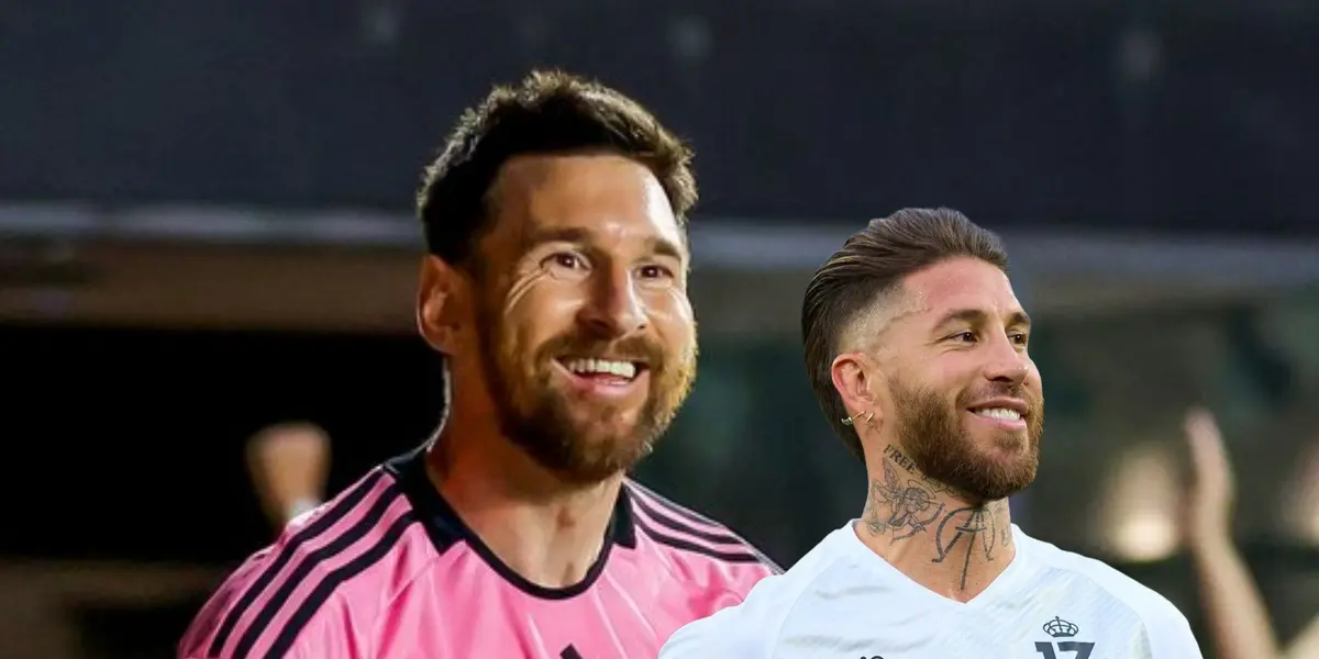 Lionel Messi smiles with an Inter Miami shirt on and Sergio Ramos smiles with a white shirt.