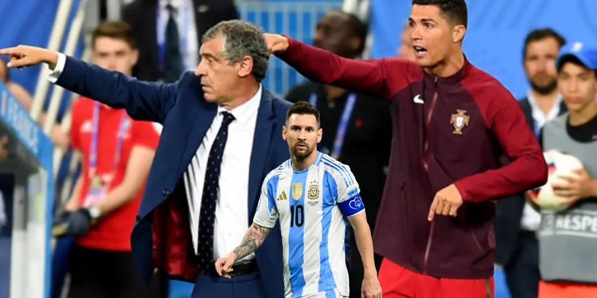 Lionel Messi walks with the Argentina jersey on while Cristiano Ronaldo tells instructions to the Portugal players next to his coach in the EURO 2016 Final. (Source: Sports Illustrated) 