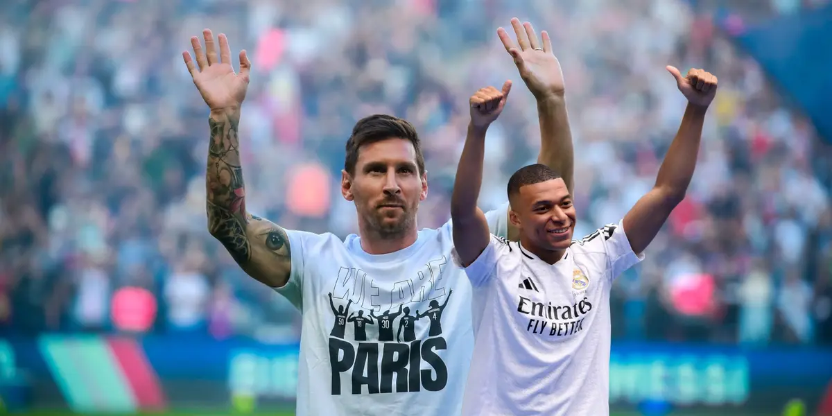 Lionel Messi waves to the crowd while presented at PSG while Kylian Mbappé wears the Real Madrid jersey for the first time. (Source: EPA Photo)