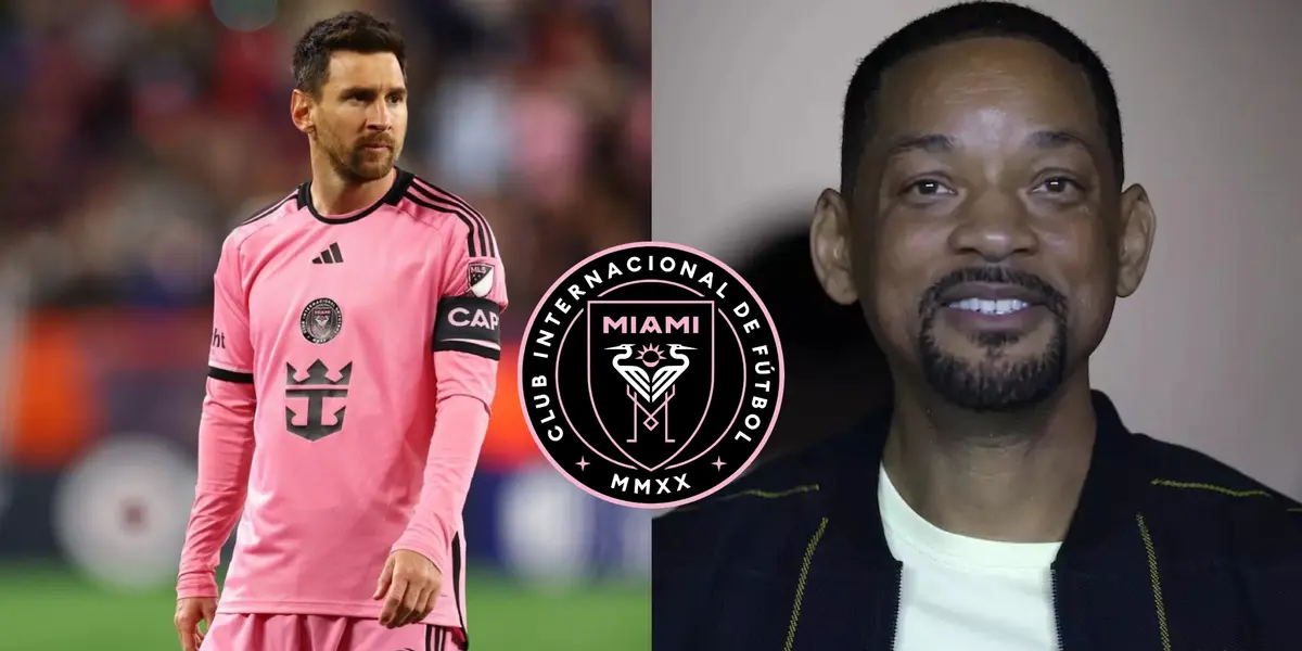 Lionel Messi wears the Inter Miami jersey while Will Smith smiles; the Inter Miami logo is in the middle.