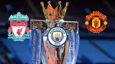 Liverpool, Manchester City, and Manchester United's logos are around the Premier League trophy with blue ribbons to represent Man City.