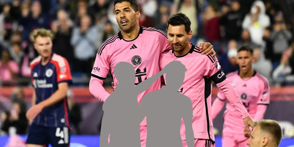 Luis Suarez and Lionel Messi hug each other while wearing Inter Miami jerseys while the mystery duo is below them.