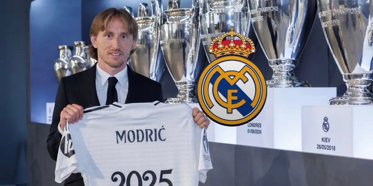 Luka Modric shows the Real Madrid jersey that has his name the year of 2025 and the Real Madrid badge is next to him. (Source: Luka Modric X)