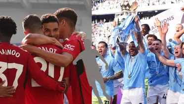 Manchester United players hug each other and Manchester City celebrate with the Premier League trophy; mystery player is in the middle.