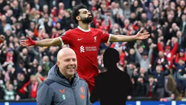 Mohamed Salah celebrates his goal for Liverpool while Arne Slot smiles as Feyenoord manager.