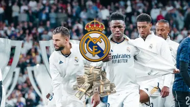 Nacho, Vinicius Jr., Jude Bellingham, and Eder Militao walk with the Real Madrid jerseys while the badge is in the middle and a stack of money is on the bottom.