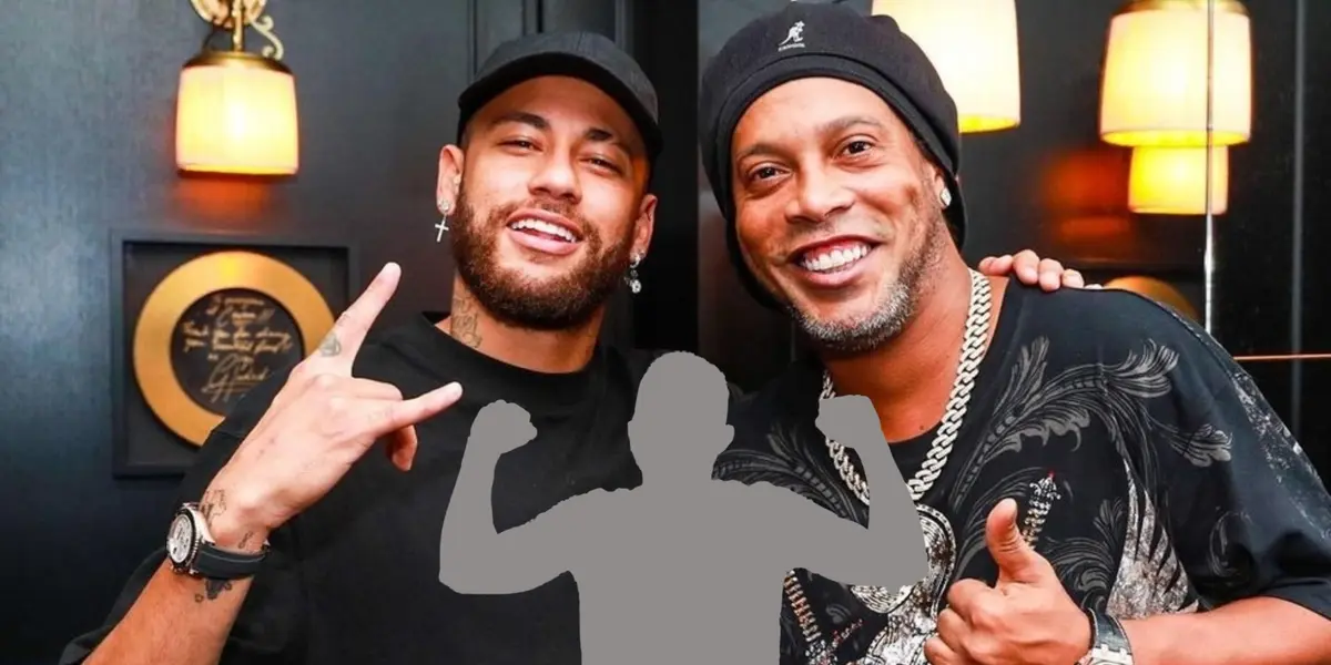 Neymar and Ronaldinho smiles as they pose for a picture together and a mystery player is in the middle.