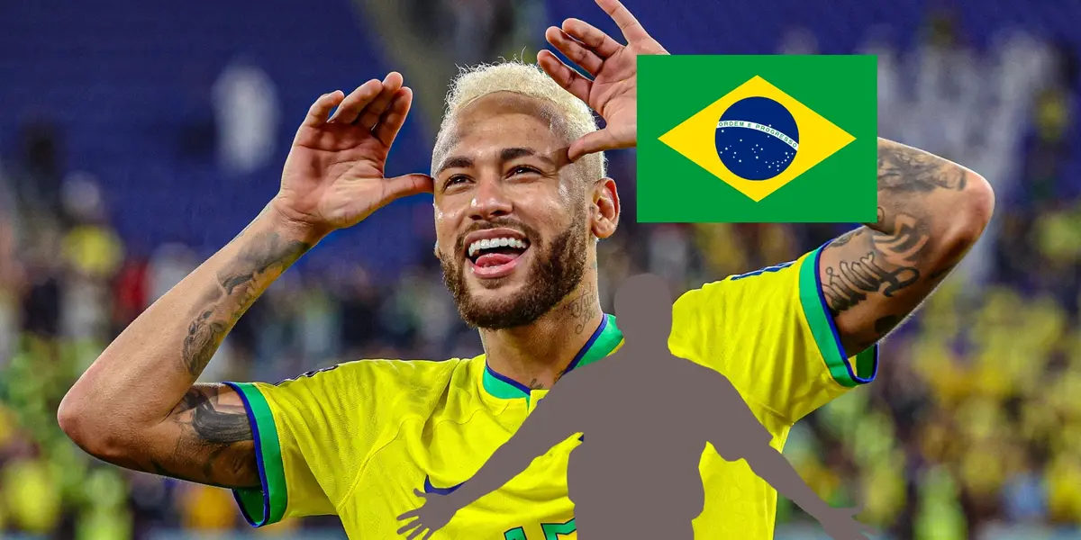 Neymar does his celebration while scoring for Brazil as a mystery legend has his arms out and the Brazilian flag is above him. (Source: Getty Images)