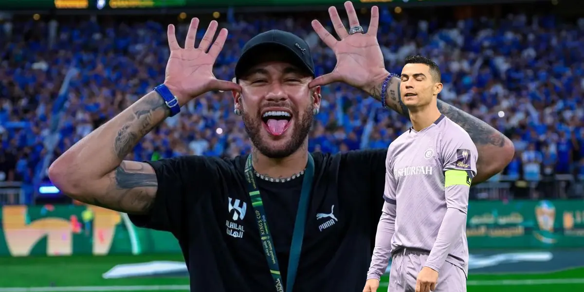 Neymar does his trademark celebration while Cristiano Ronaldo looks dejected as he wears the Al Nassr jersey.