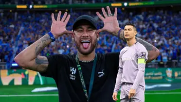 Neymar does his trademark celebration while Cristiano Ronaldo looks dejected as he wears the Al Nassr jersey.