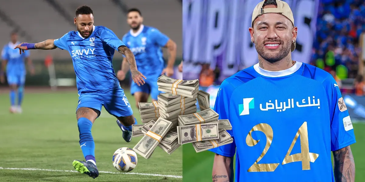 Neymar Jr. kicks the ball and he shows his Al Hilal Champions shirt with the number 24 on it; a stack of money in the middle.