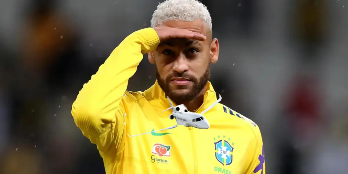 Neymar looks at the camera while wearing the Brazilian national team jacket; a private jet is below him.