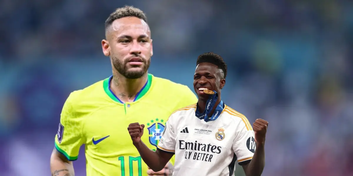 Neymar looks serious while wearing the Brazilian national team jersey and Vinicius Jr. bites his Champions League medal.