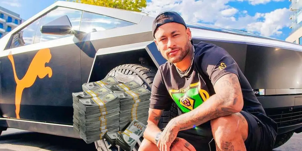 Neymar poses for a picture with the Puma Tesla Cyber Truck and a stack of $100 bills are next to him. (Source: Neymar X)