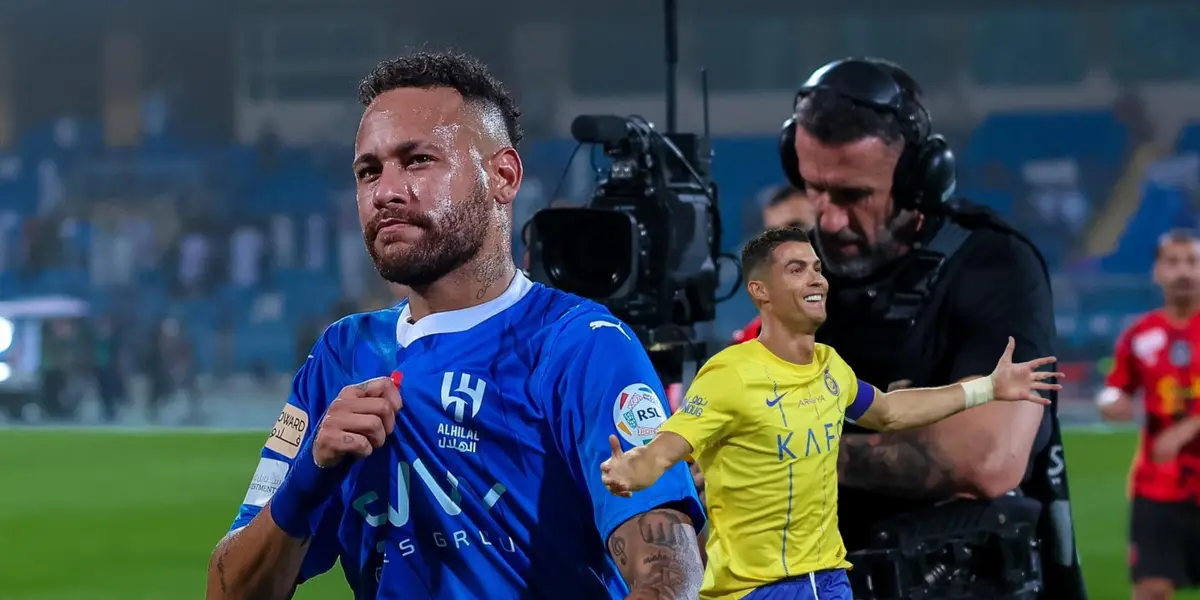 Neymar shows off his Al Hilal jersey while Cristiano Ronaldo celebrates with his arms out.