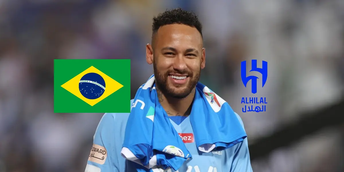 Neymar smiles as he wears the Al Hilal jersey while the Brazil flag and the Al Hilal badge is next to him on the sides. (Source: Getty Images)