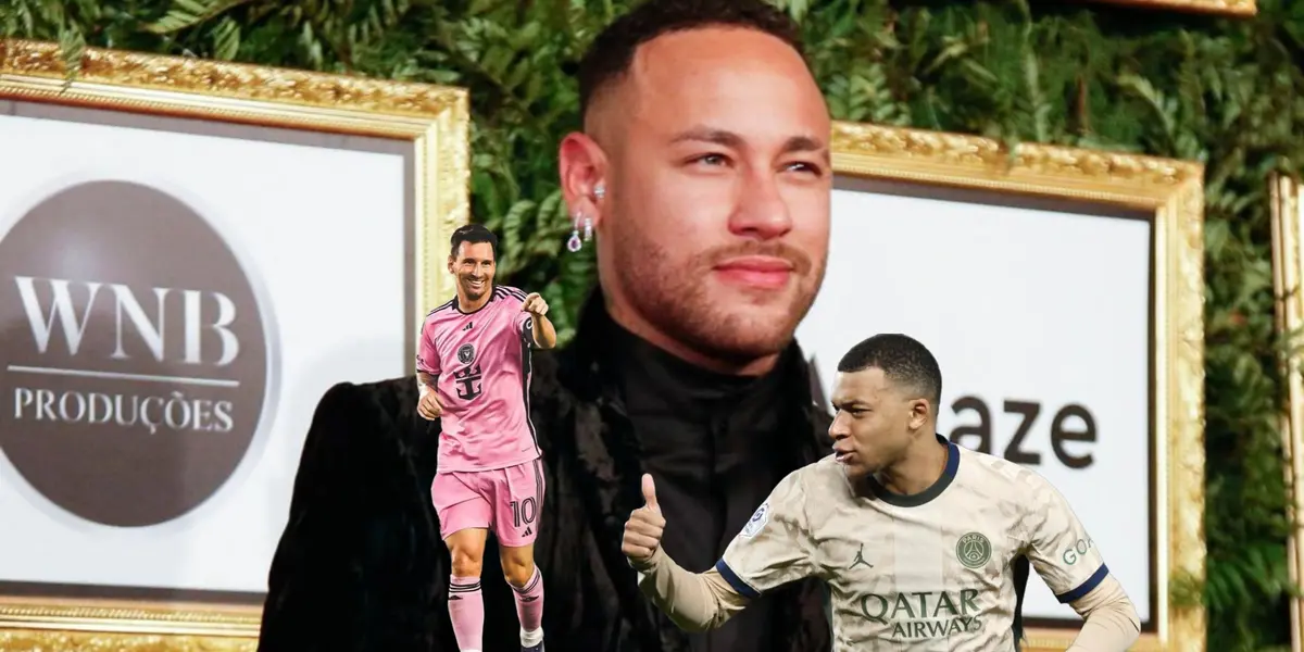 Neymar smiles with a black suit while Lionel Messi smiles wearing an Inter Miami jersey; Kylian Mbappé gives a thumbs up while wearing a PSG jersey.