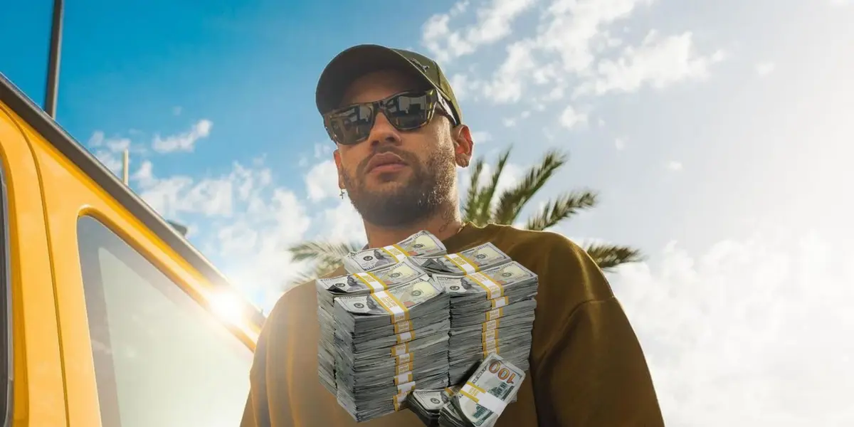 Neymar walks outside while wearing some sunglasses and there is a stack of money below him.