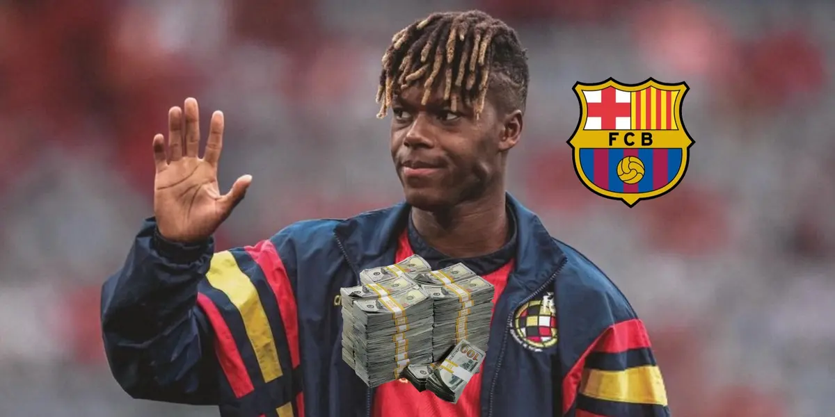 Nico Williams waves to the fans with a Spain jacket while FC Barcelona badge is next to him and a stack of cash is below him. (Source: Fabrizio Romano X)