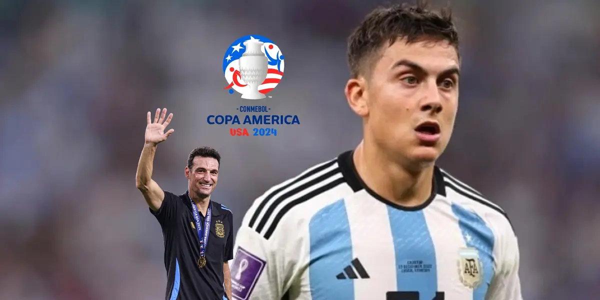 Paulo Dybala is focused with the Argentina jersey while Lionel Scaloni smiles with a gold medal and the Copa America logo is on top. (Source: Mundo Albiceleste, AlbicelesteTalk X)