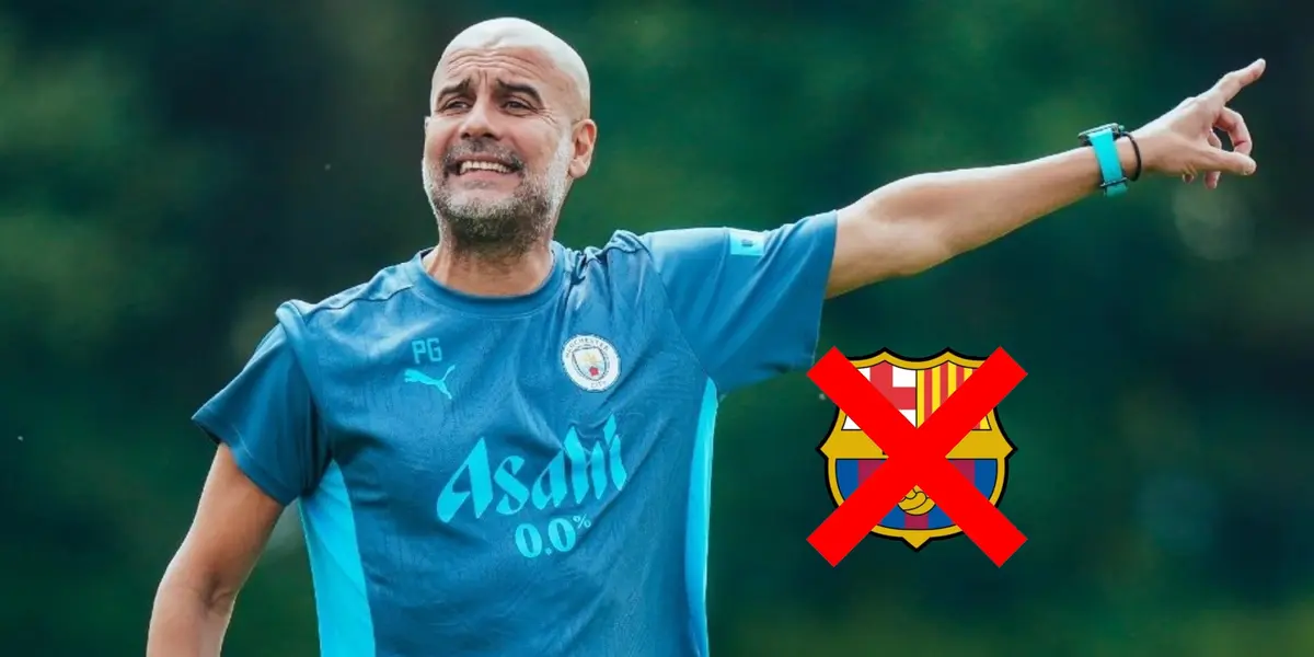 Pep Guardiola is giving instructions with a Manchester City training kit while the FC Barcelona badge is crossed out. (Source: City Xtra X)