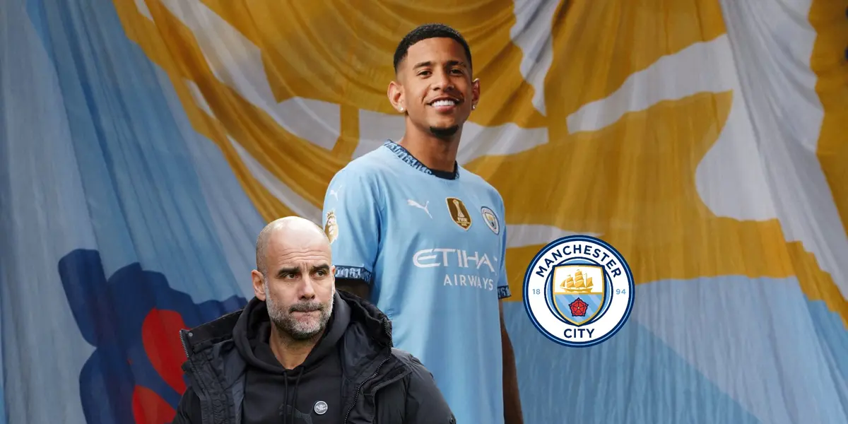 Pep Guardiola looks to the side while the Manchester City logo is next to him and Savio wears the Manchester City jersey for the first time. (Source: 