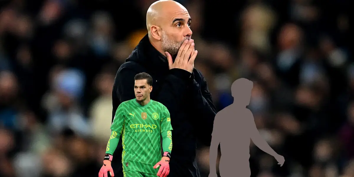 Pep Guardiola looks worried while Ederson looks concerned and a mystery player is next to him. (Source: Getty Images) 