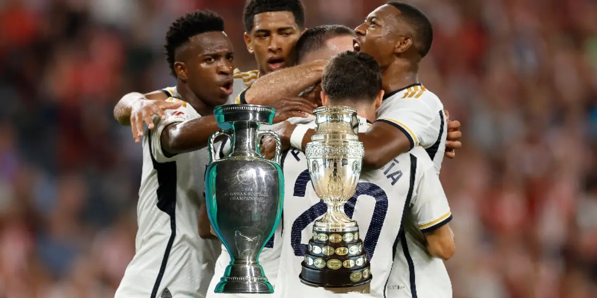 Real Madrid players celebrate together while the European Championship and the Copa America trophy are in front of them. (Source: INKL, UEFA, CONMEBOL)