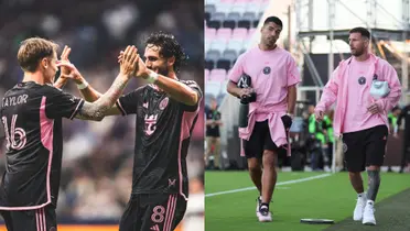 Robert Taylor and Leonardo Campana celebrate together while Luis Suarez and Lionel Messi walk together; all wearing Inter Miami attire.