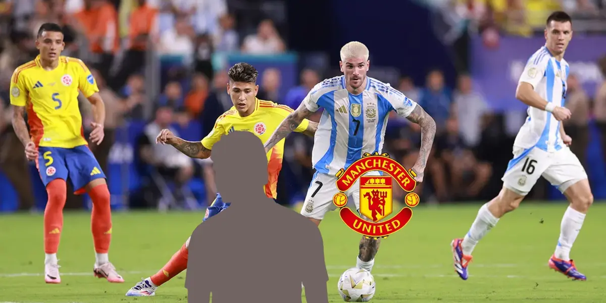 Rodrigo De Paul plays with the ball in the Copa America Final against Colombia while a mystery player is next to the Manchester United badge. (Source: 2024 Getty Images)