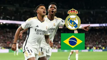 Rodrygo and Vinicius Jr. celebrate a goal together while wearing the Real Madrid jerseys; the Real Madrid badge and the Brazil flag is next to them.