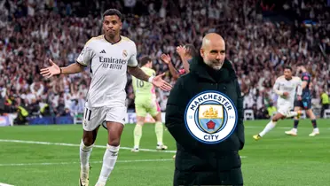 Rodrygo celebrates his Real Madrid goal while Pep Guardiola grins and has the Manchester City badge on him.