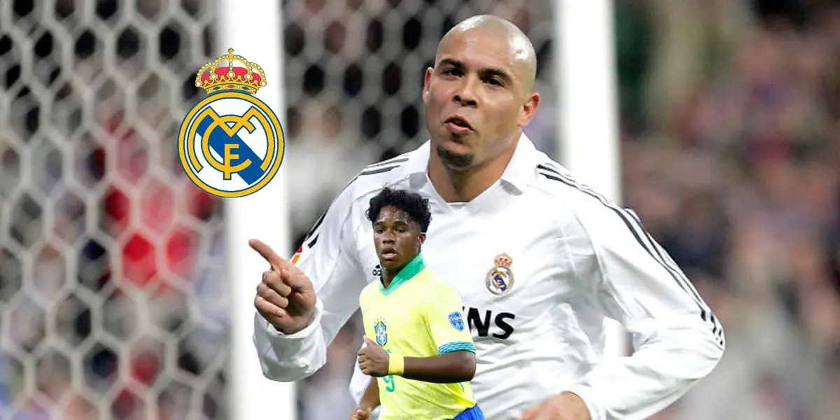 Ronaldo Nazario celebrates a goal for Real Madrid as the Real Madrid badge is next to him and Endrick is below him wearing the Brazil jersey. (Source: Real Madrid)