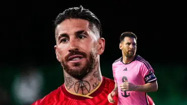 Sergio Ramos smiles while wearing the Sevilla jersey and Lionel Messi wears the Inter Miami jersey.