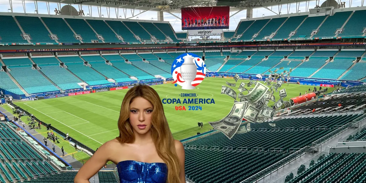 Shakira poses for a picture while the Copa America logo is in the middle and money is next to it; Hard Rock Stadium is in the background. (Source: Billboard, CONMEBOL, Leandroquesada X)