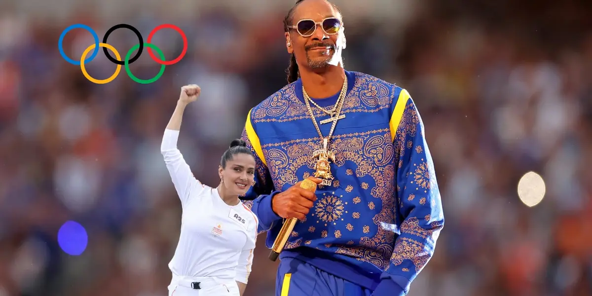 Snoop Dogg performs in the 2022 Super Bowl while Salma Hayek wears a white outfit and the Olympics symbols are next to them. (Source: Pubity X, Getty Images)