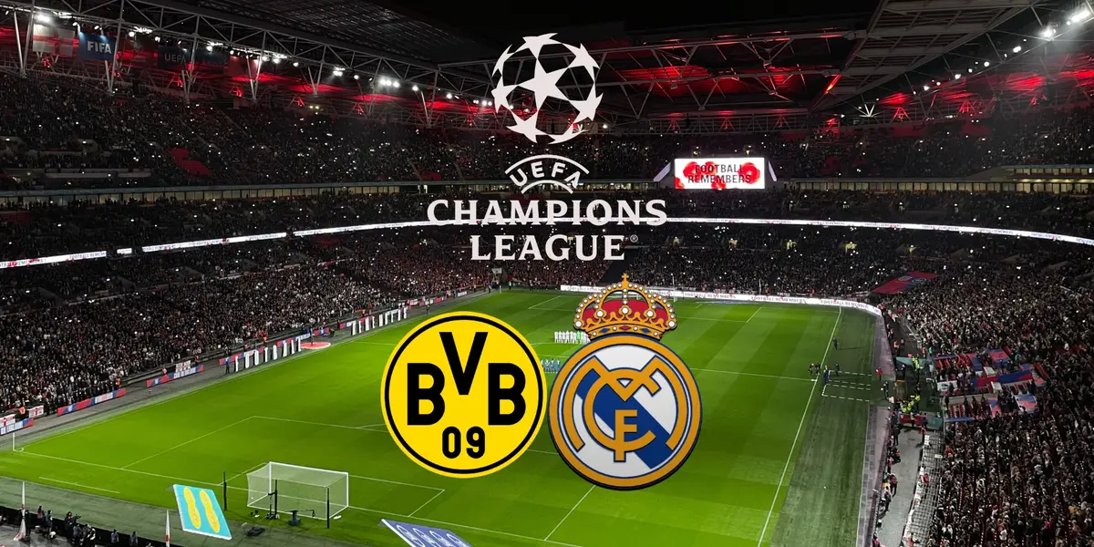 The Borussia Dortmund and Real Madrid badges are below the Champions League logo; the background is Wembley Stadium at night.