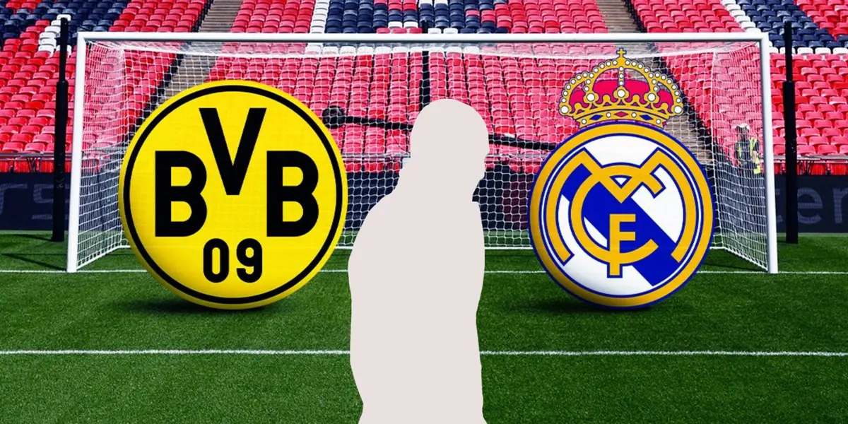 The Borussia Dortmund and Real Madrid badges are by the goal while a mystery legend is in the middle.