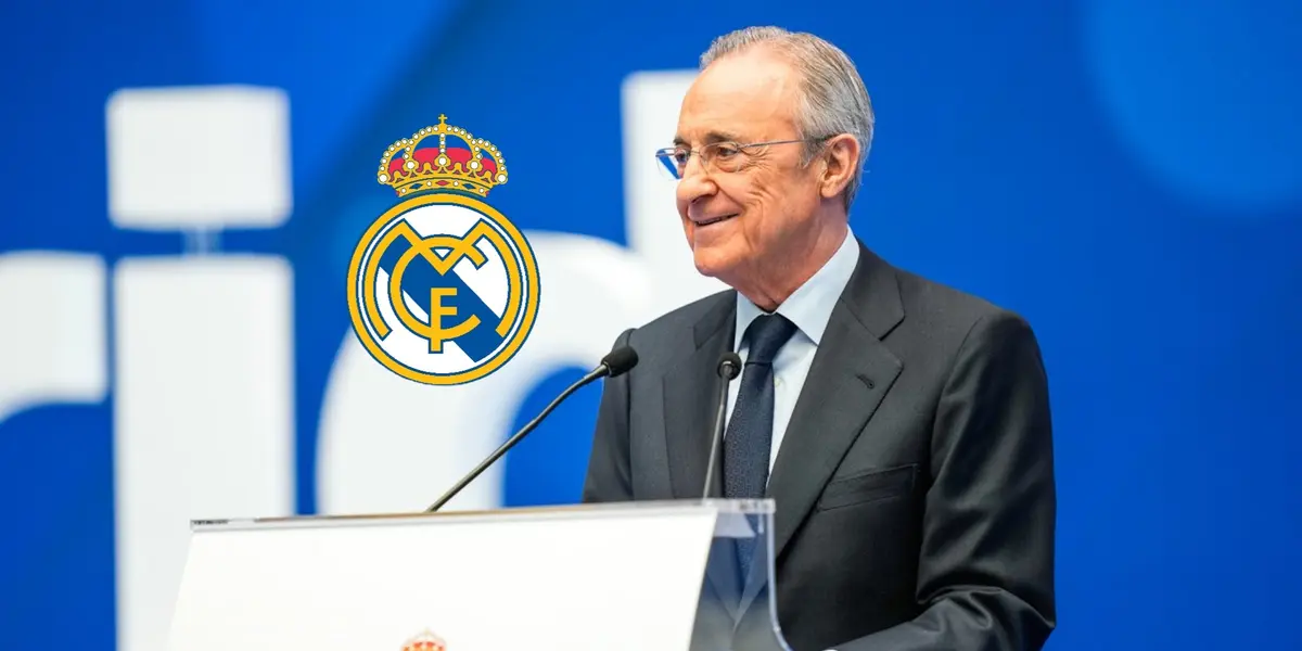 The Real Madrid badge is next to club president Florentino Perez as he talks on a podium. (Source: ActuFoot X)