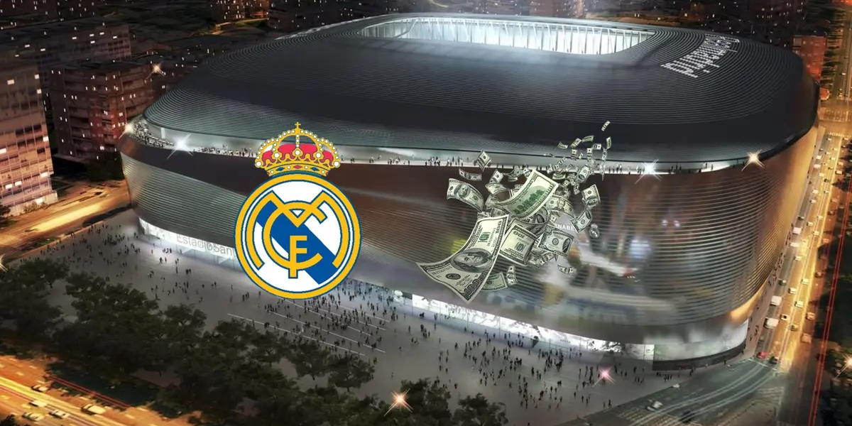 The Real Madrid badge is next to flying $100 bills while the Santiago Bernabeu is in the background. (Source: DeadlineDayLive X)