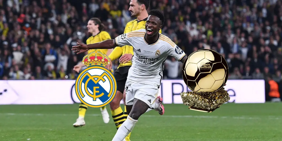 Vinicius Jr. celebrates his goal for Real Madrid as the club logo and the Ballon d'Or is next to him. (Source: Vini_Ball X)