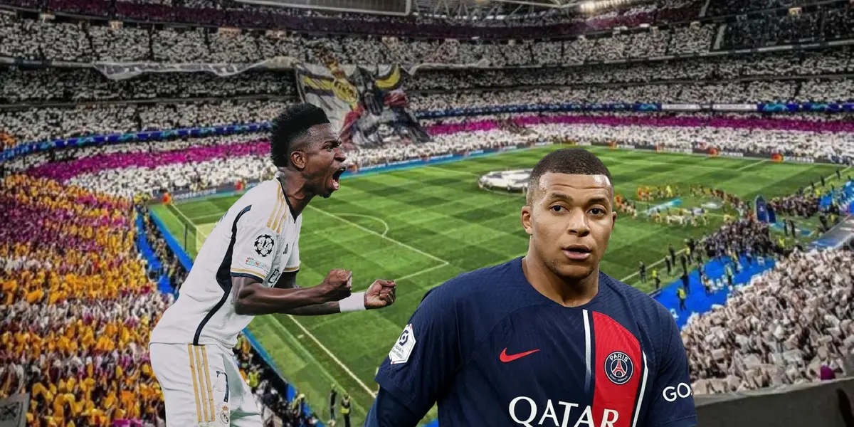 Vinicius Jr screams with a Real Madrid jersey and Kylian Mbappé looks tired wearing a PSG jersey.