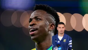 Vinicius Jr. smiles while he wears the Brazil jersey and Lionel Scaloni looks serious with an Argentina jersey. (Source: Madrid Xtra X, All about Argentina X)