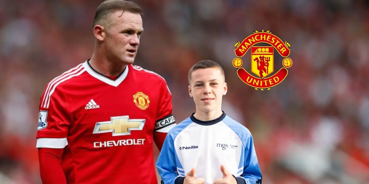 Wayne Rooney looks to the side while wearing the Man United jersey as his son Kai Rooney throws two thumbs up and the club logo is near them. (Source: Sky Sports, Gothia Cup)