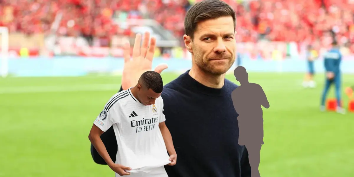 Xabi Alonso waves to the crowd as Kylian Mbappé looks at his Real Madrid jersey while a mystery player is next to him. (Source: GTRES)