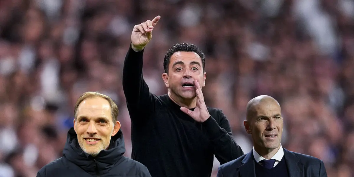 Xavi Hernandez gives instructions to his players while Thomas Tuchel smiles and Zinedine Zidane looks confused.