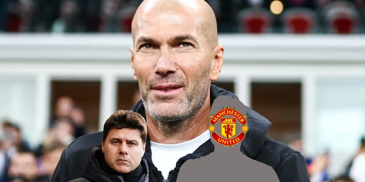 Zinedine Zidane looks up as Mauricio Pochettino looks serious; the mystery coach as the Manchester United badge.